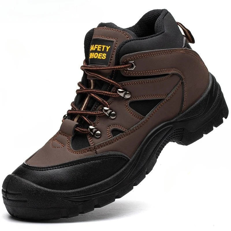 Bottes de sécurité hommes marron avec embout acier, résistantes, anti-perforation et antidérapantes pour travail.
