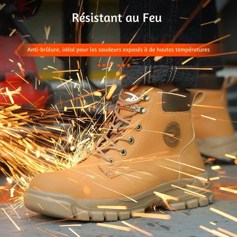Bottes de sécurité robustes et confortables pour hommes, conçues pour usage intensif et longue durée.