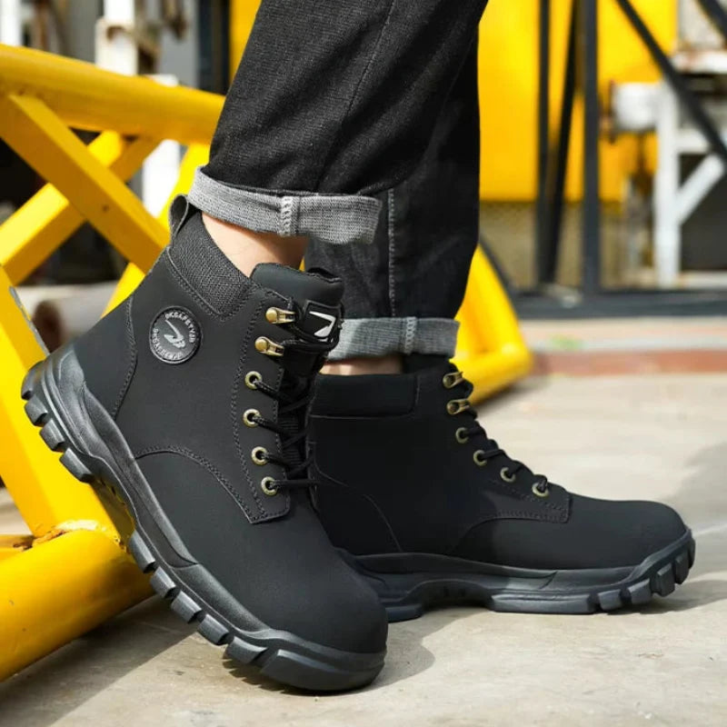 Bottes de travail homme avec embout acier, semelle Kevlar et propriétés antidérapantes.