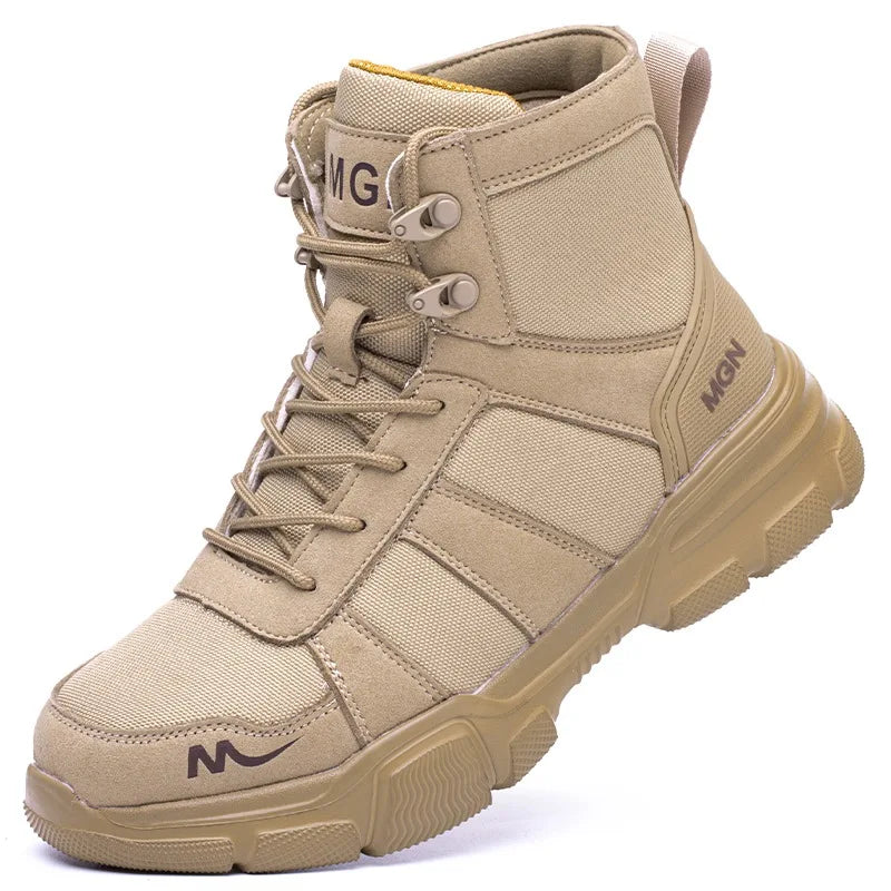 Gros plan sur l'embout en acier robuste de bottes de sécurité confortables. Protection essentielle pour travail.