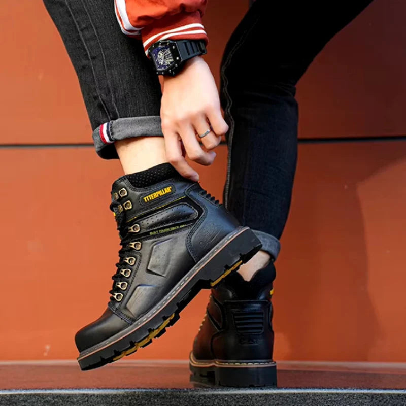 Bottes de sécurité en cuir avec embout anti-écrasement, offrant protection et confort pour les pieds au travail.