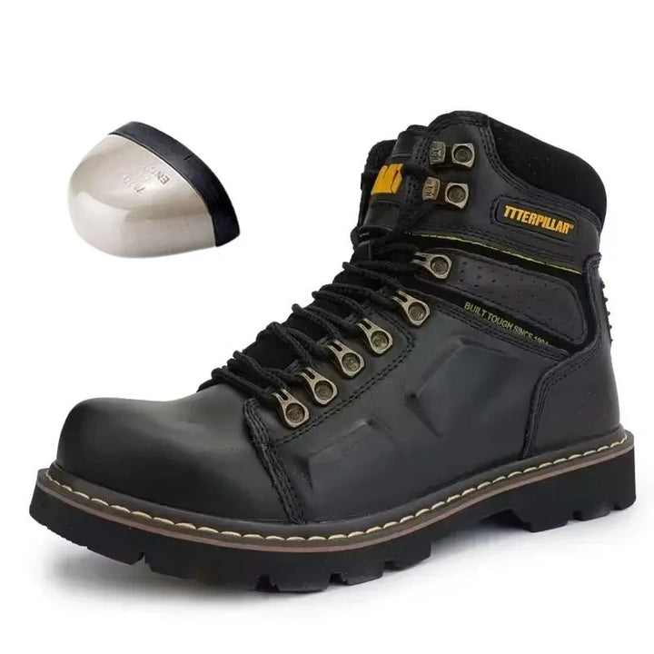 Paire de bottes de sécurité unisexe en cuir, conçues pour le confort et la protection anti-écrasement au travail.
