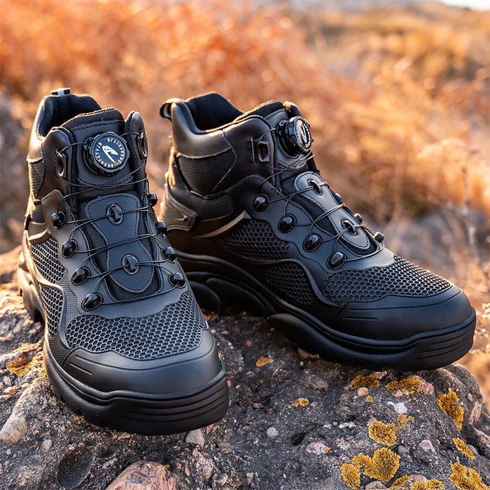 Chaussures de travail imperméables pour hommes et femmes avec embout acier et fermeture rotative rapide.