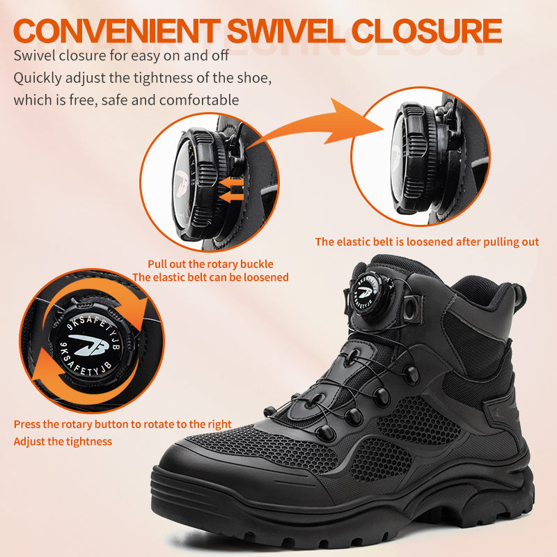 Chaussures de sécurité professionnelles avec embout d'acier, anti-perforation et système de serrage rotatif.