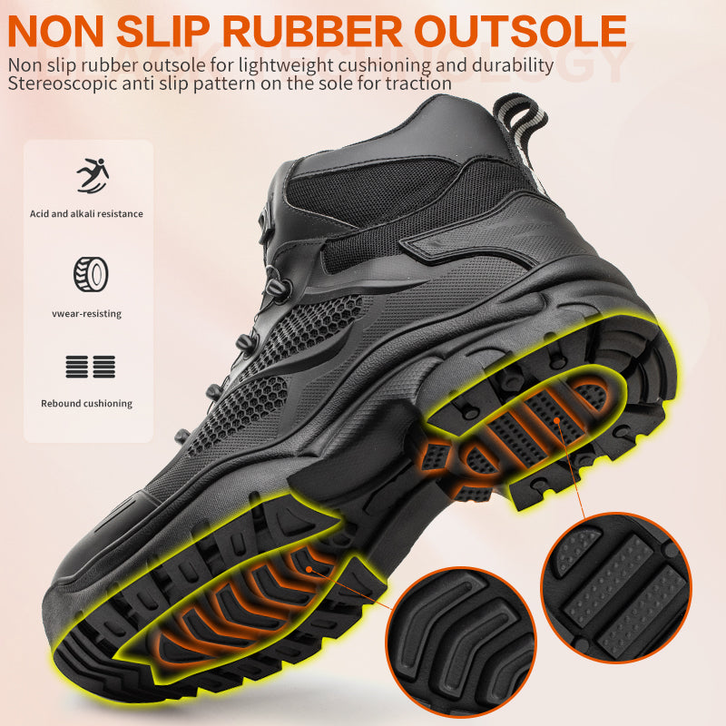 Paire de chaussures de sécurité mixte, imperméables et robustes, fermeture rotative pour ajustement parfait.