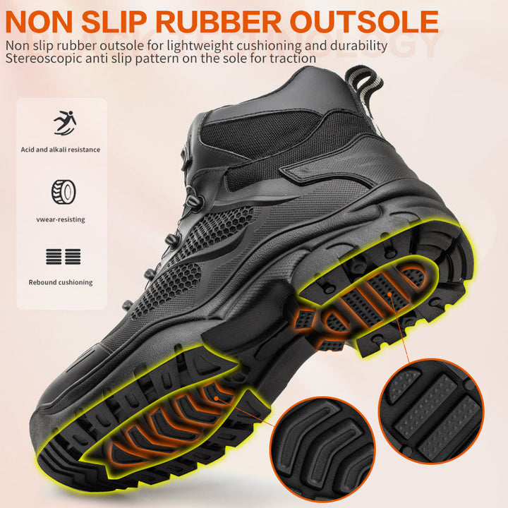 Paire de chaussures de sécurité mixte, imperméables et robustes, fermeture rotative pour ajustement parfait.