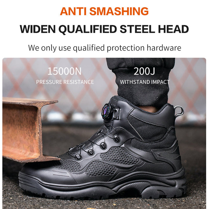 Chaussures de travail à embout acier, design moderne sans lacets, protection anti-perforation et antidérapante.