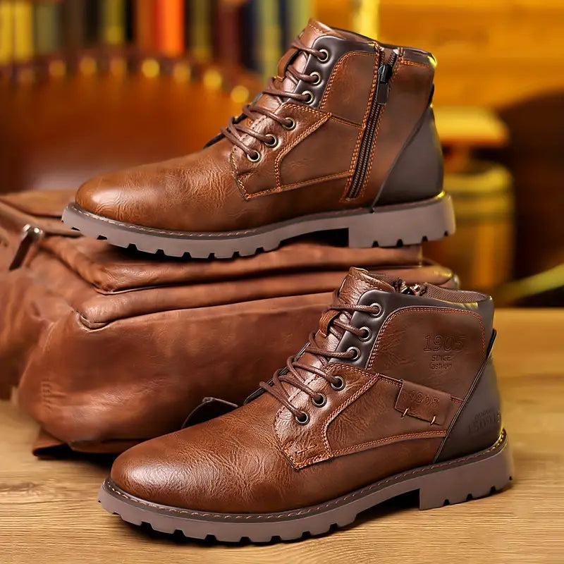 Bottes en cuir homme, robustes avec fermeture éclair, design moderne, ajoutent style et confort à votre tenue quotidienne.