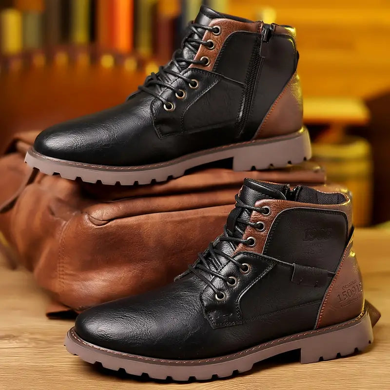 Bottes en cuir homme, robustes avec fermeture éclair, design moderne, ajoutent style et confort à votre tenue quotidienne.