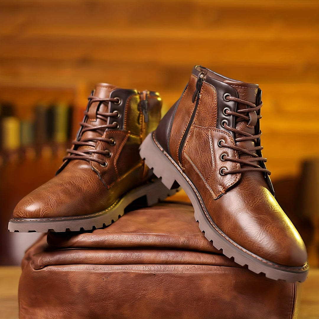 Bottes en cuir homme, robustes avec fermeture éclair, design moderne, ajoutent style et confort à votre tenue quotidienne.