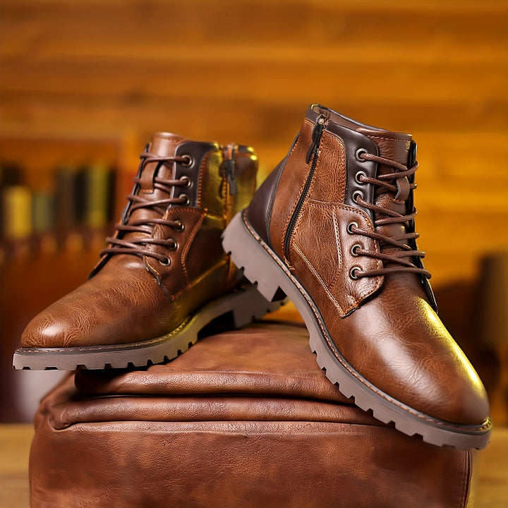 Bottes en cuir homme, robustes avec fermeture éclair, design moderne, ajoutent style et confort à votre tenue quotidienne.