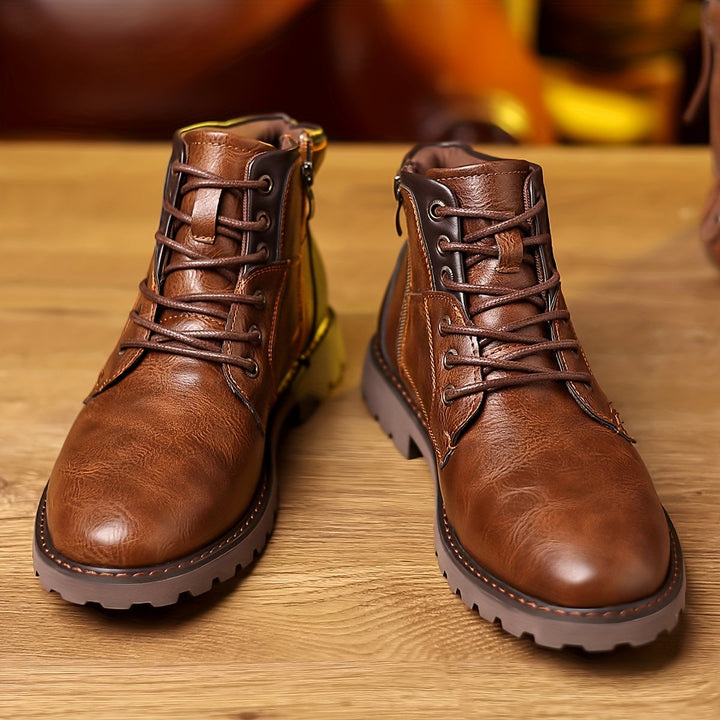 Bottes en cuir homme, robustes avec fermeture éclair, design moderne, ajoutent style et confort à votre tenue quotidienne.