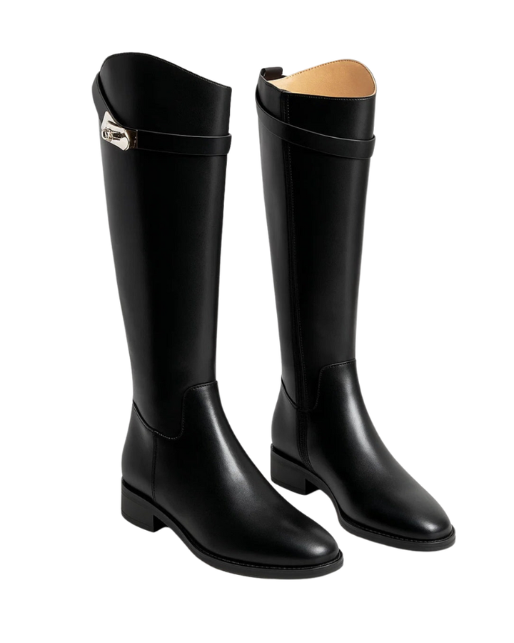 Bottes femme Kyrie beiges sous le genou, chic et confortable pour l'automne. Style élégant à talon bas.