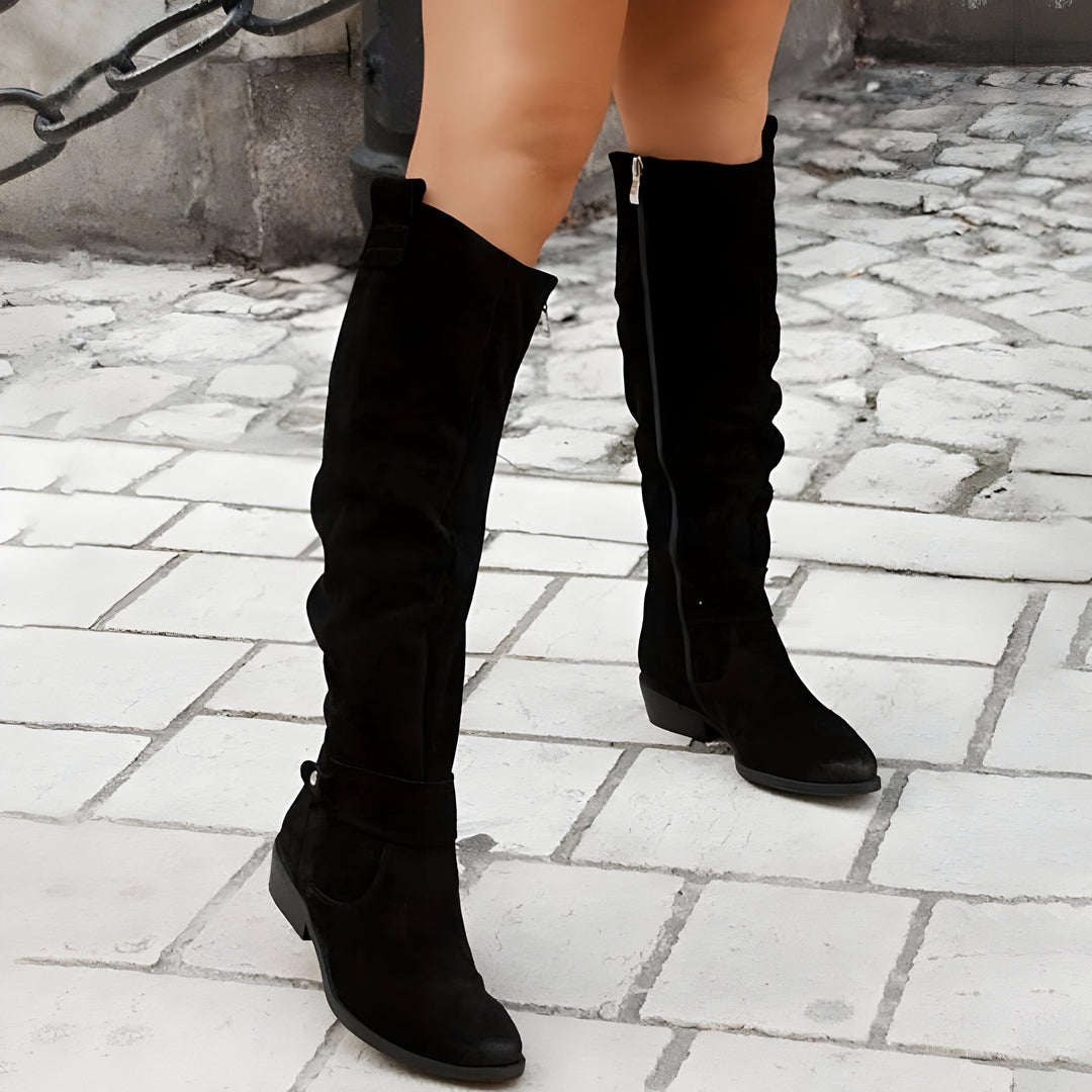 Chaussures bottes hautes classiques pour femmes, noires, idéales pour l'automne et l'hiver.