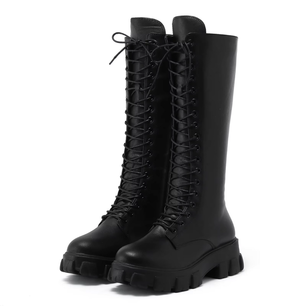 Bottes hautes femme en cuir, chaudes et antidérapantes. Semelle robuste, fermeture zip et lacets.