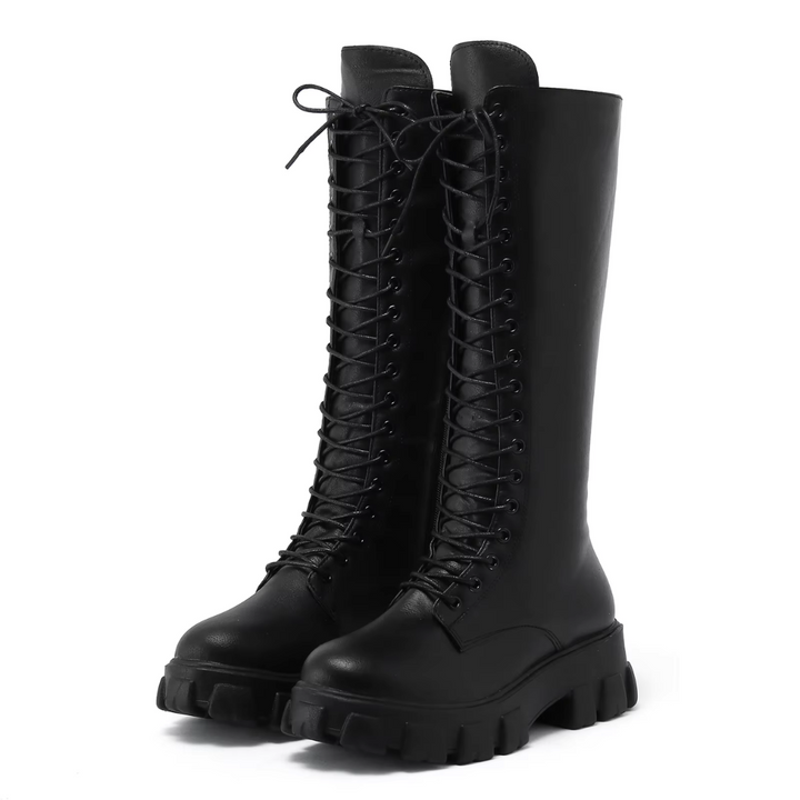 Bottes hautes femme en cuir, chaudes et antidérapantes. Semelle robuste, fermeture zip et lacets.