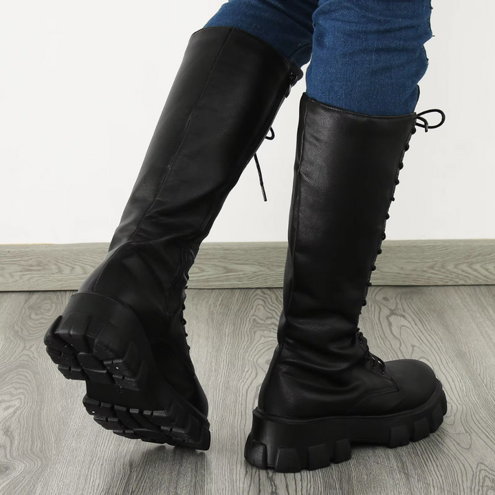Bottes hautes femme en cuir, chaudes et antidérapantes. Semelle robuste, fermeture zip et lacets.