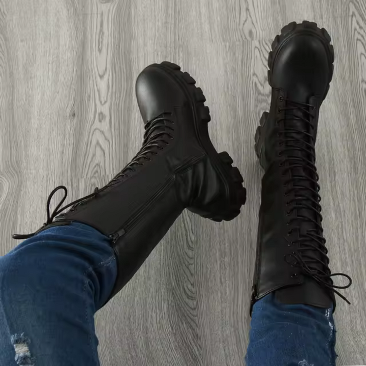 Bottes hautes femme en cuir, chaudes et antidérapantes. Semelle robuste, fermeture zip et lacets.