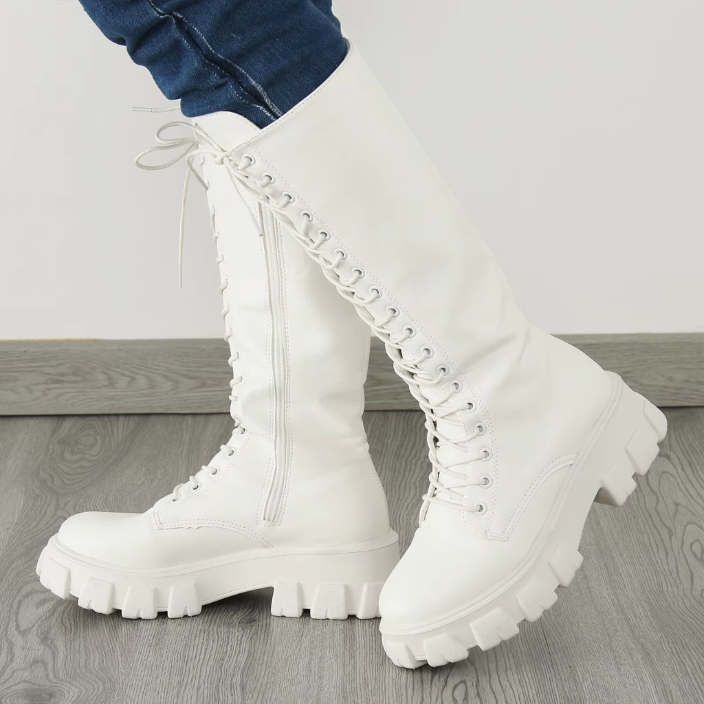 Bottes hautes femme en cuir, chaudes et antidérapantes. Semelle robuste, fermeture zip et lacets.
