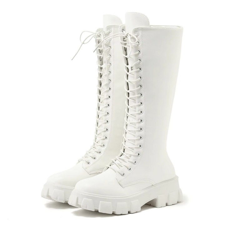 Bottes hautes femme en cuir, chaudes et antidérapantes. Semelle robuste, fermeture zip et lacets.