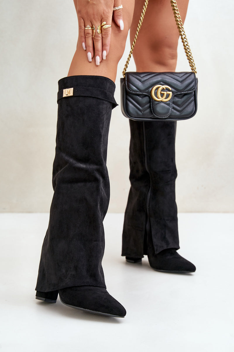Bottes hautes femme, suédine noire, bout pointu, talon bloc.  Elégantes et confortables.