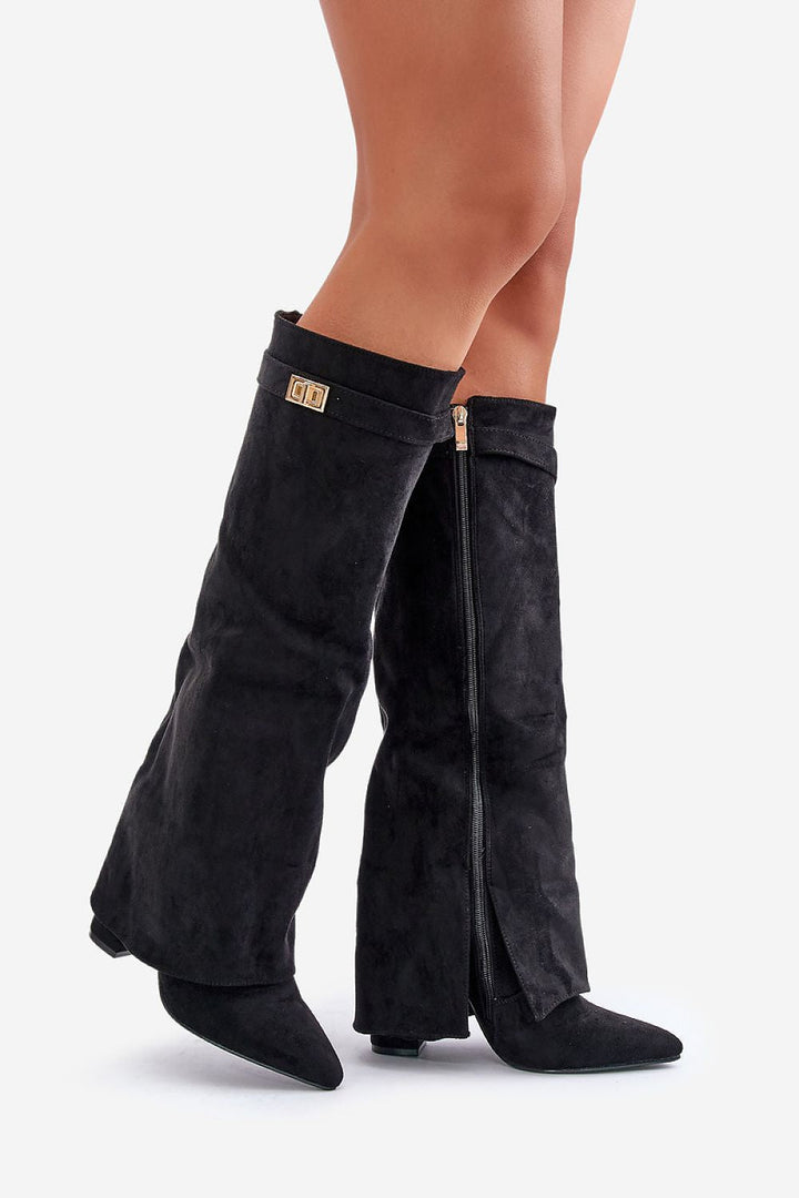 Bottes hautes femme, suédine noire, bout pointu, talon bloc.  Elégantes et confortables.