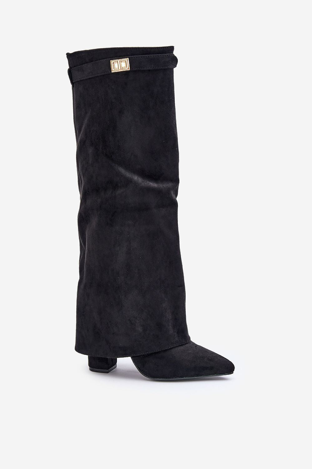 Bottes hautes femme, suédine noire, bout pointu, talon bloc.  Elégantes et confortables.
