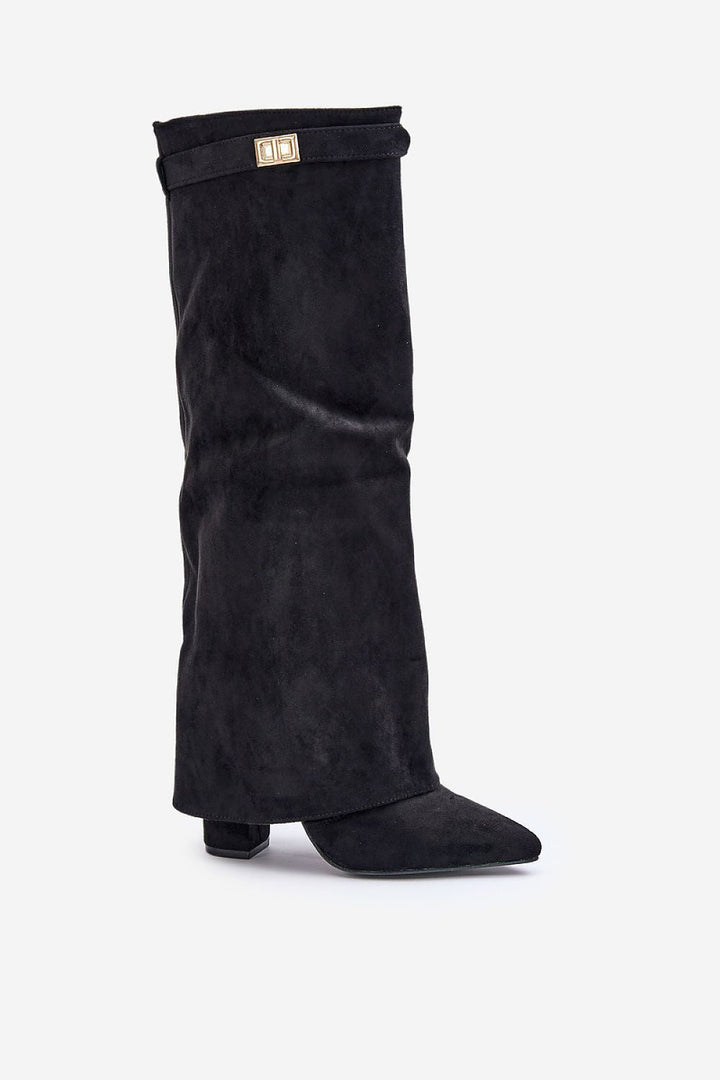 Bottes hautes femme, suédine noire, bout pointu, talon bloc.  Elégantes et confortables.