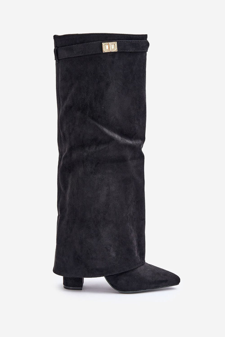 Bottes hautes femme, suédine noire, bout pointu, talon bloc.  Elégantes et confortables.