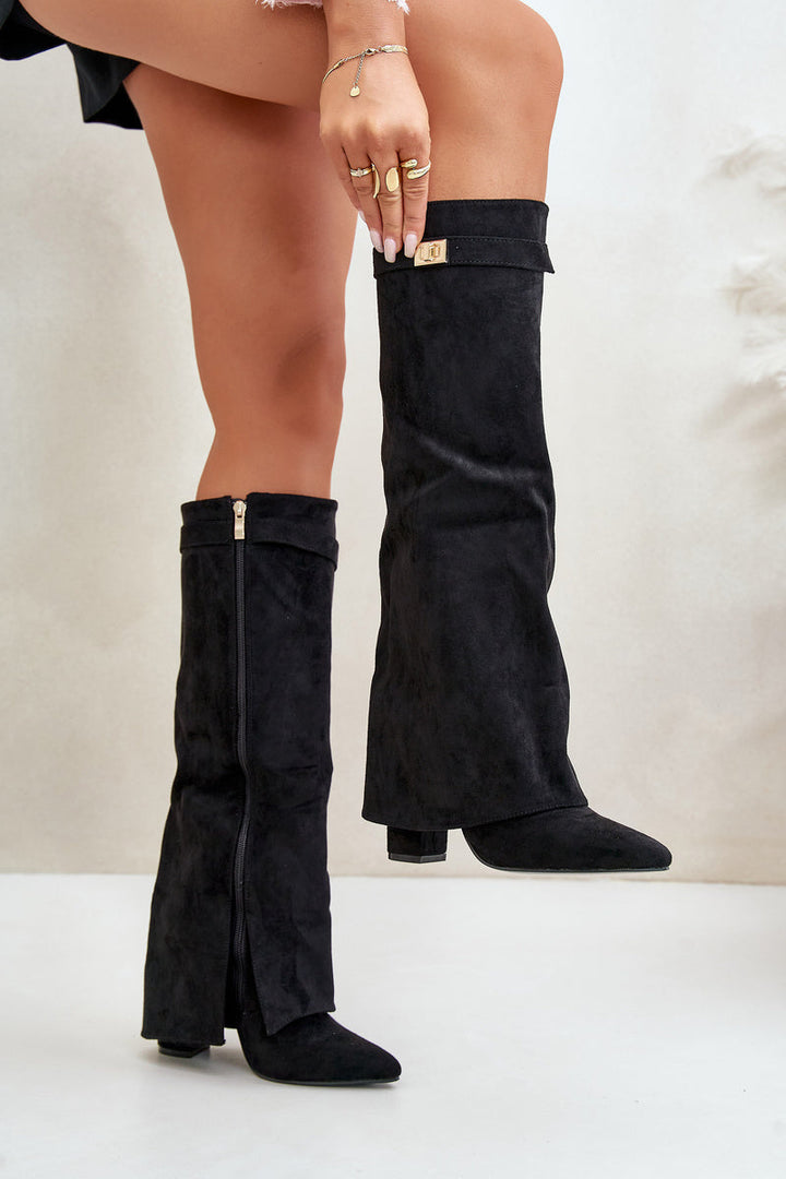 Bottes hautes femme, suédine noire, bout pointu, talon bloc.  Elégantes et confortables.