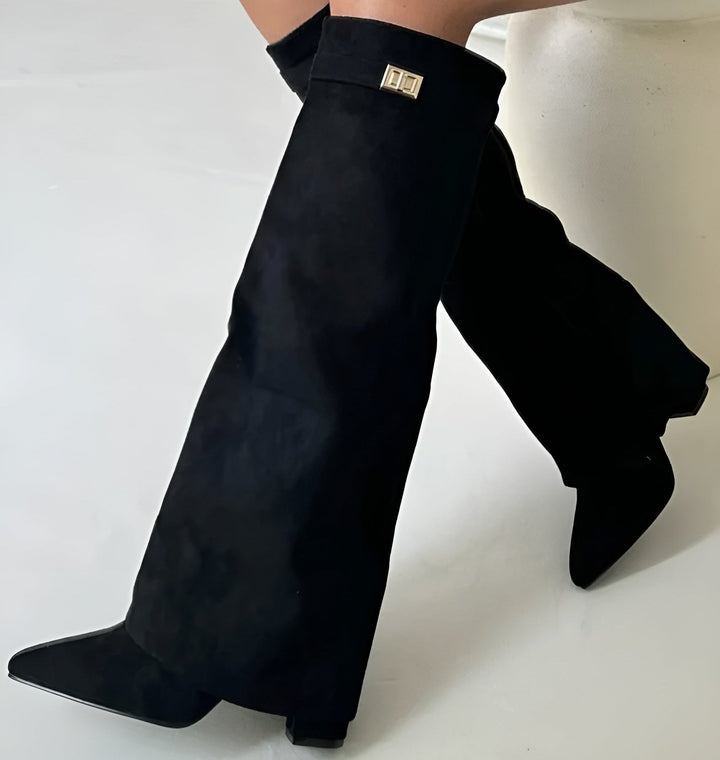 Bottes hautes femme noires élégantes à talon bloc, parfaites pour l'hiver et l'automne. Confort au genou.