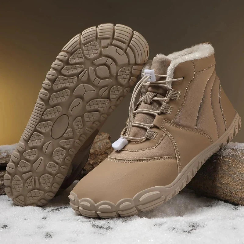 Bottes chaudes hiver pieds nus, grand confort, fourrées, antidérapantes, pour hommes et femmes.
