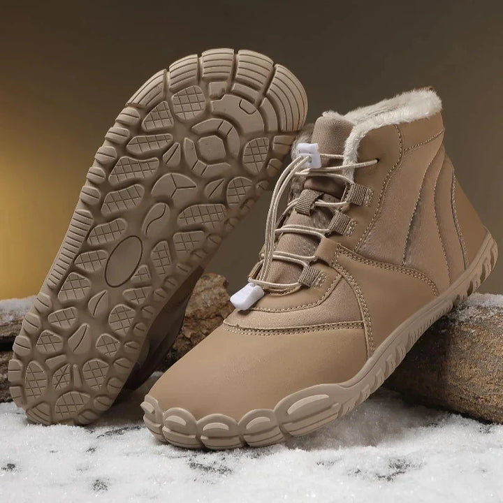 Bottes chaudes hiver pieds nus, grand confort, fourrées, antidérapantes, pour hommes et femmes.