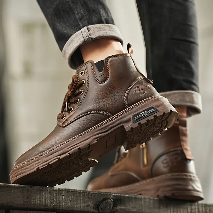 Bottes homme noires robustes et imperméables, idéales pour la randonnée et l'aventure en toutes saisons.