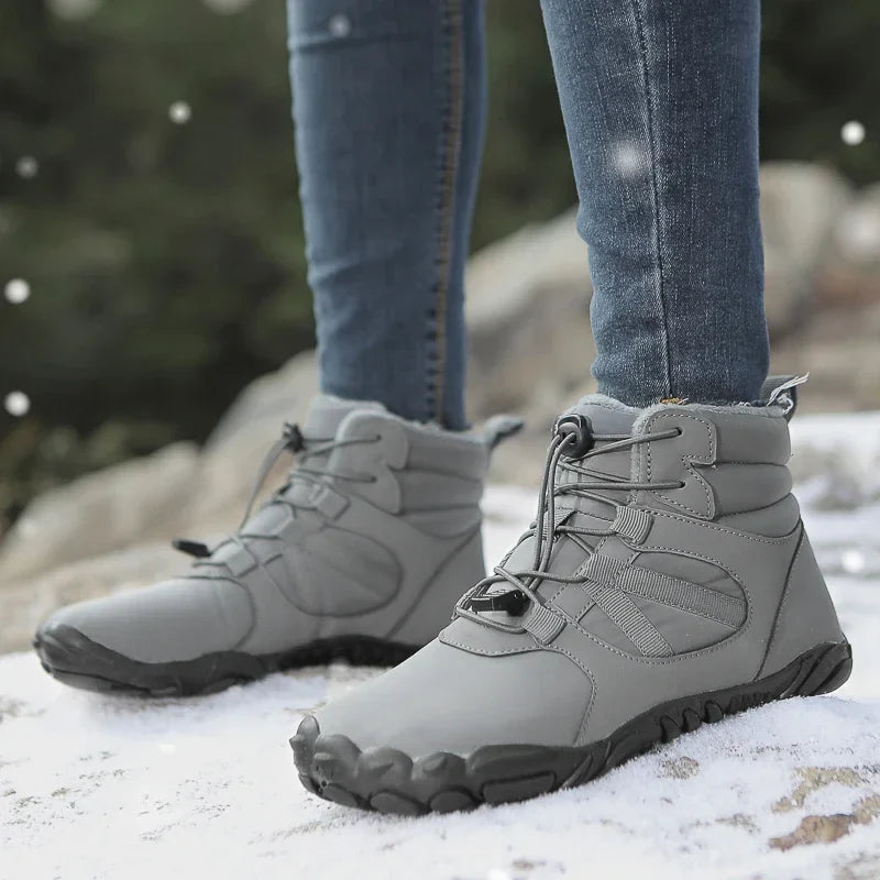 Bottes minimalistes pieds nus hiver, chaleur et confort ergonomique pour neige/randonnée.