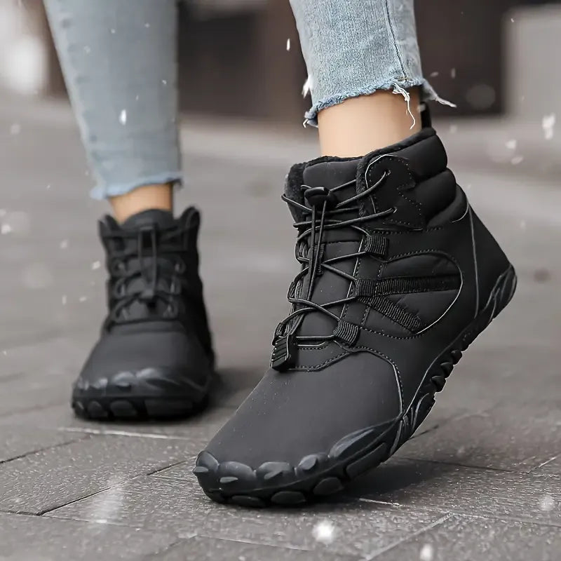 Bottes d'hiver unisexes imperméables, doublure chaude, design pieds nus pour confort optimal.