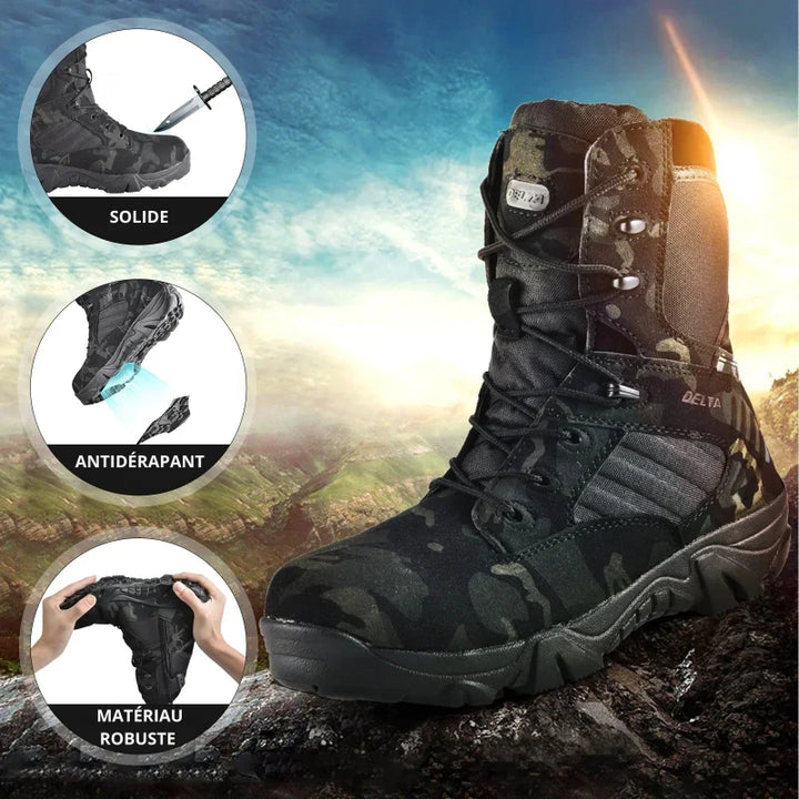 Bottes tactiques antidérapantes hommes, robustes pour la randonnée et l'aventure.