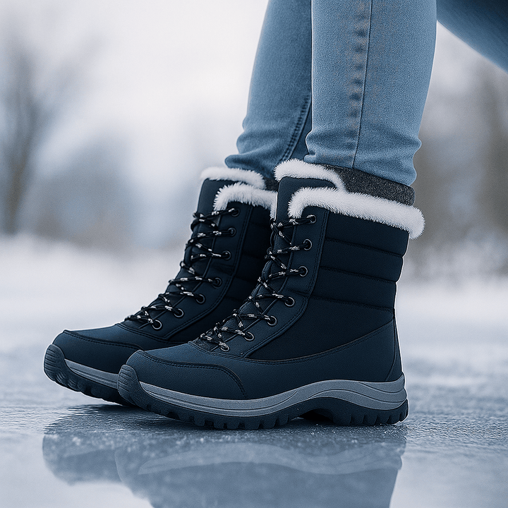 Femme portant des bottes thermiques matelassées Liorne, élégance et confort pour l'hiver.