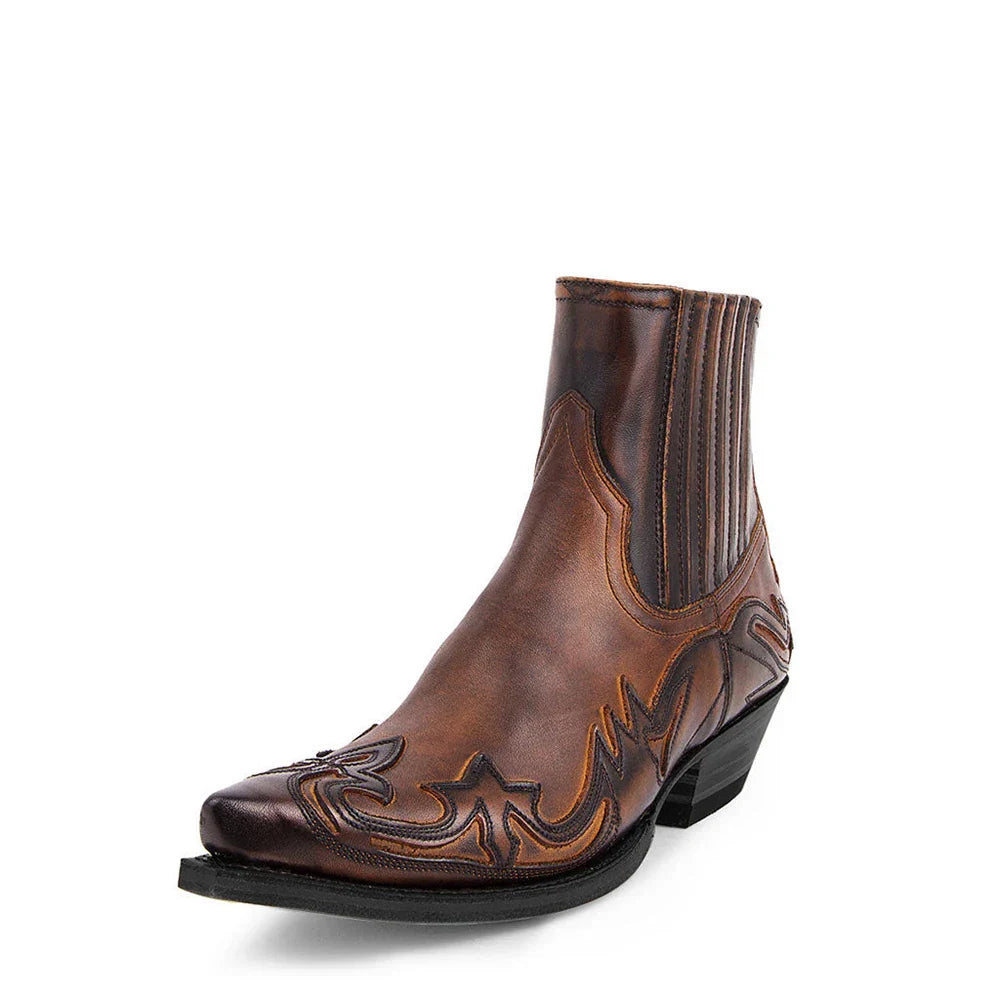 "Bottes western en cuir mi-hautes pour homme, broderies élégantes, bout pointu, talons hauts, style robuste et moderne."