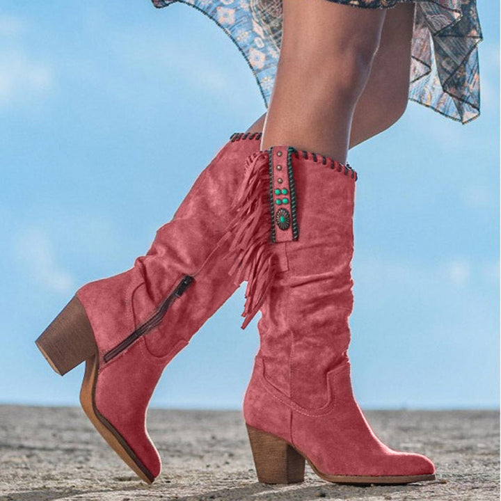Bottes western en cuir pour femmes, style automne avec talon épais, alliant élégance et confort pour l'hiver.