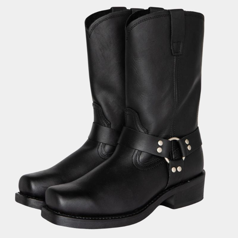 "Bottes western unisexe mi-mollet en cuir lisse, style épuré avec couture raffinée, confort durable, marron foncé, idéale mix