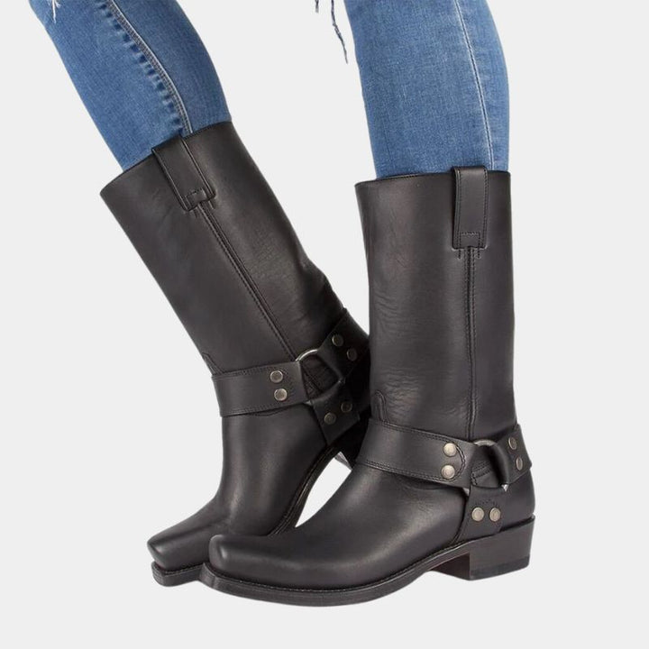 "Bottes western unisexe mi-mollet en cuir lisse, style épuré avec couture raffinée, confort durable, marron foncé, idéale mix