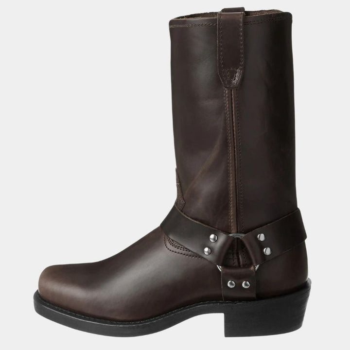 "Bottes western unisexe mi-mollet en cuir lisse, style épuré avec couture raffinée, confort durable, marron foncé, idéale mix