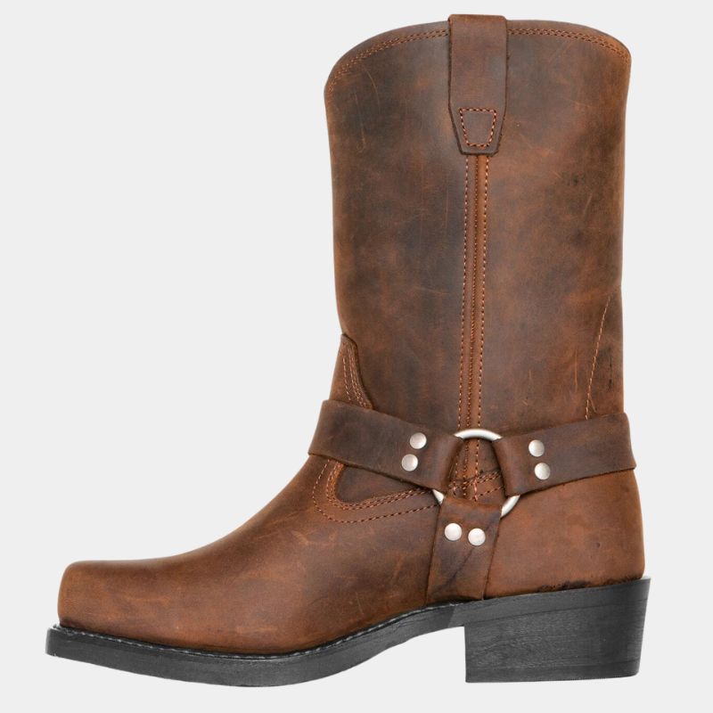 "Bottes western unisexe mi-mollet en cuir lisse, style épuré avec couture raffinée, confort durable, marron foncé, idéale mix