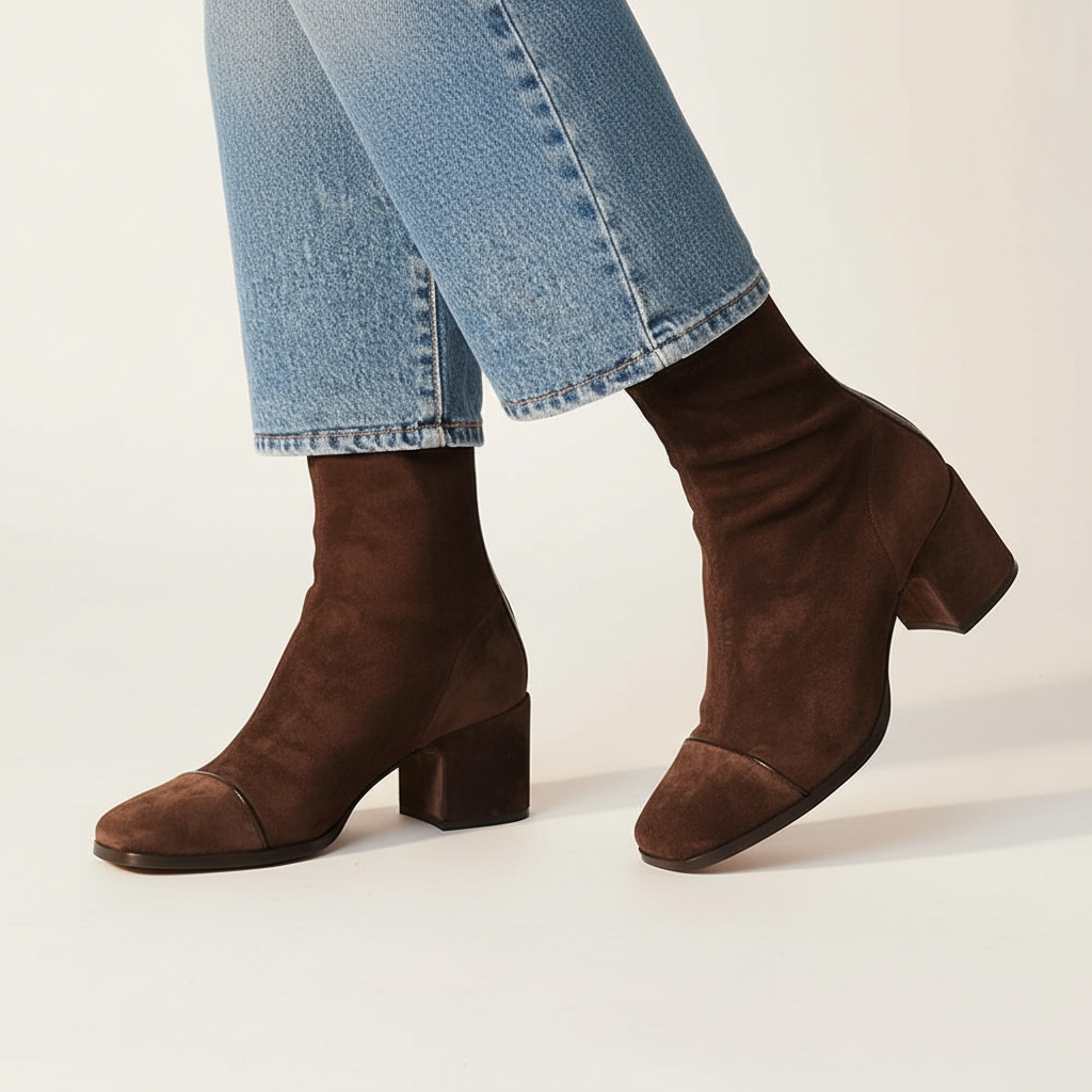Élégantes bottines femme en suédine marron, bout carré moderne et talon bloc stable pour l'automne.