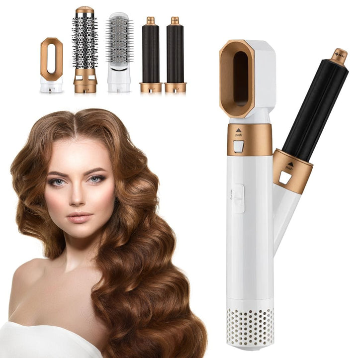 "Boucleur cheveux 5 en 1, appareil élégant avec embouts interchangeables pour bouclage, lissage, séchage."