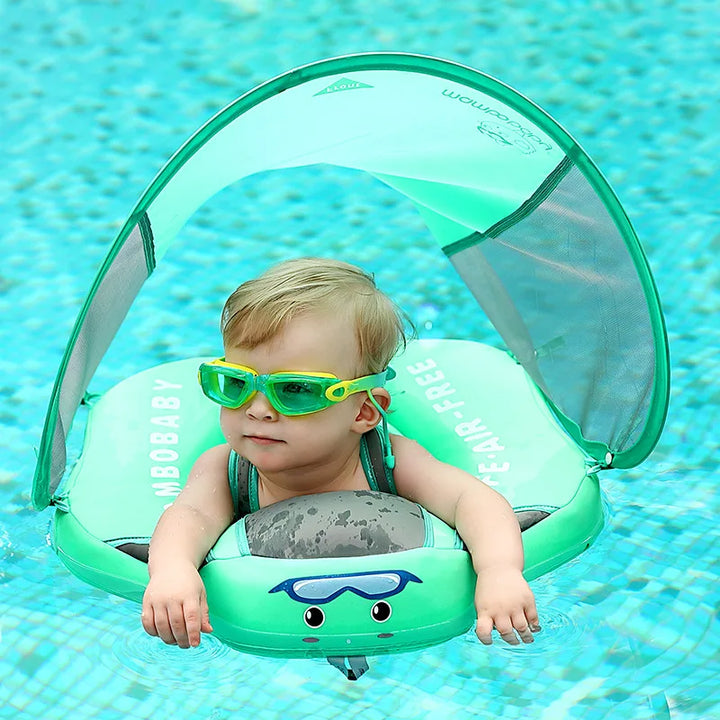 "Bouée bébé bleue avec parasol intégré, siège ergonomique et sangles ajustables pour sécurité en piscine ou à la plage."