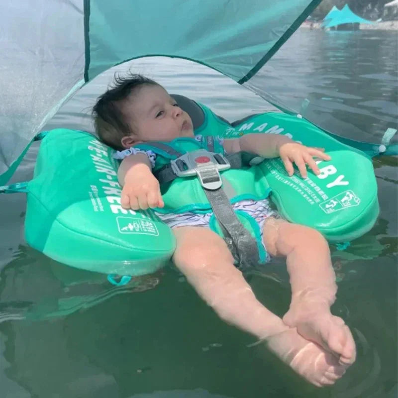 "Bouée bébé bleue avec parasol intégré, siège ergonomique et sangles ajustables pour sécurité en piscine ou à la plage."