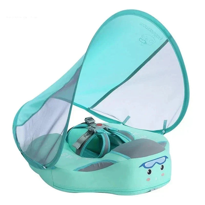 "Bouée bébé bleue avec parasol intégré, siège ergonomique et sangles ajustables pour sécurité en piscine ou à la plage."