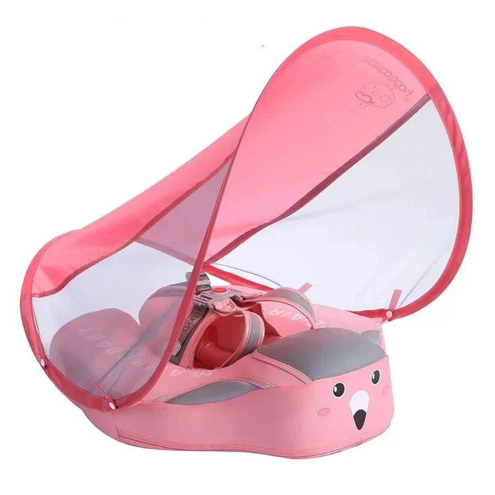 "Bouée bébé bleue avec parasol intégré, siège ergonomique et sangles ajustables pour sécurité en piscine ou à la plage."